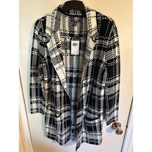 Chaps‎ Sweater Black White Plaid Knit Long Cardigan Coat Size Woman's Small NWT